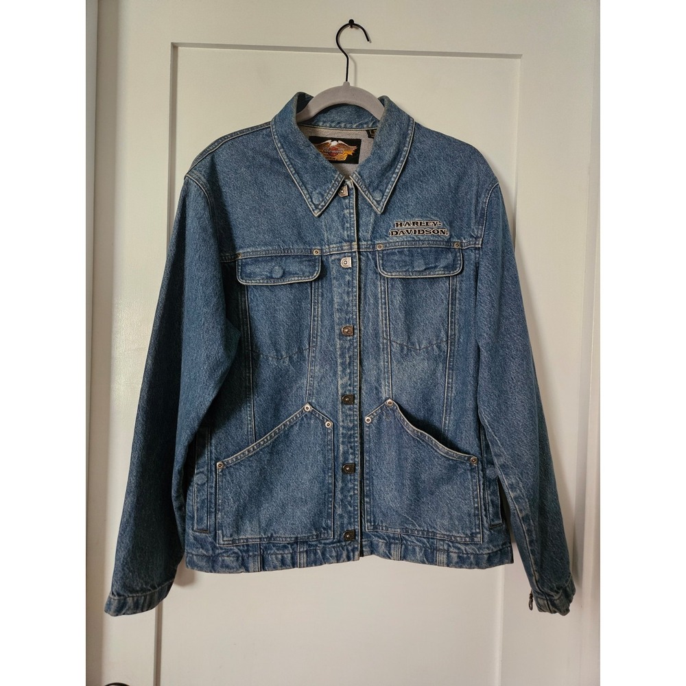 VTG 90s Harley Davidson Women L Denim Jacket Winged Back Logo Zipper Cuff Jean